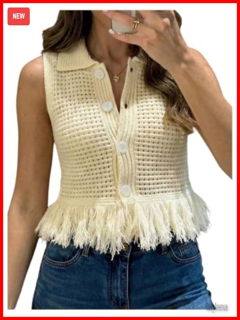 Fringe Crochet Sweater Vest Button Up Cropped Knit Top
